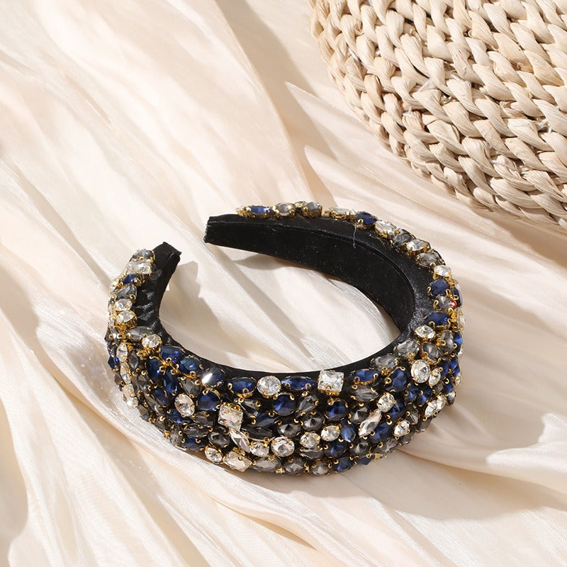 Baroque rhinestone geometric wide edge full diamond colored thickened sponge hair hoop for women