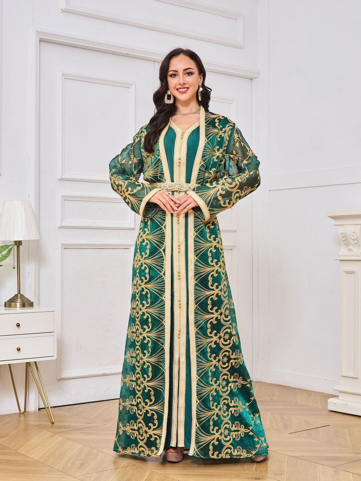 Muslim robe women's embroidered long cardigan two-piece set temperament dress