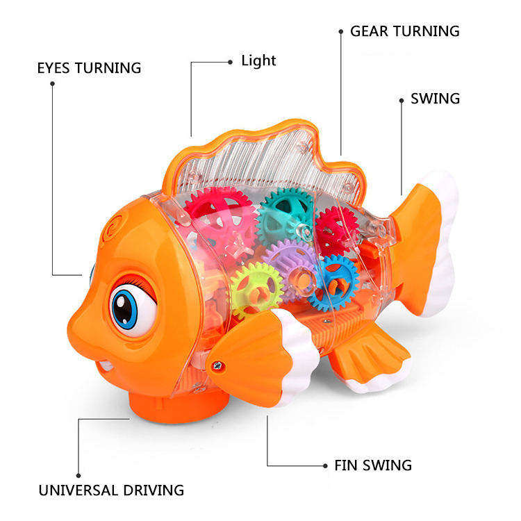 Electrical Universal Driving Walking Animal Toy Plastic Rotating Transparent Pinion Gear Fish with Dazzling Flash Light Music