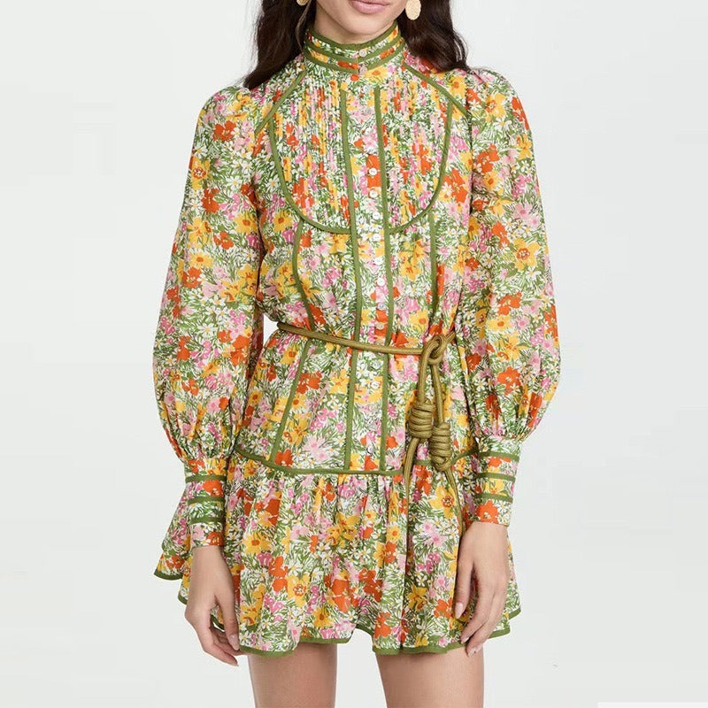 Retro floral shirt dress niche stand collar puff sleeve short skirt holiday style dress for women