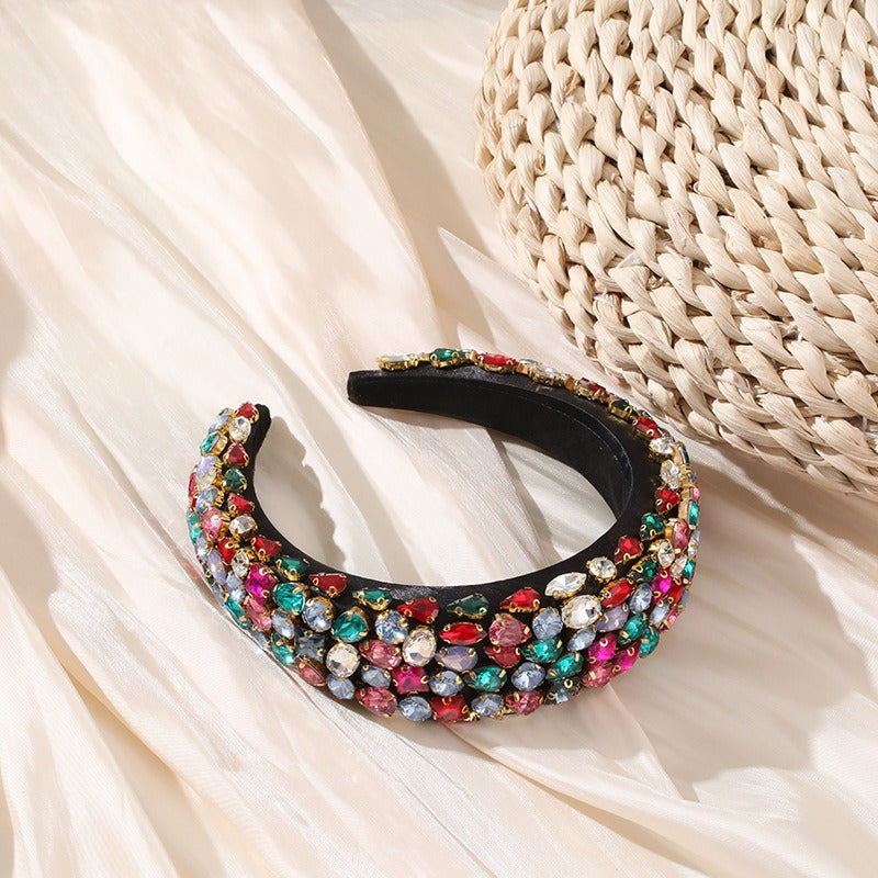 Baroque rhinestone geometric wide edge full diamond colored thickened sponge hair hoop for women