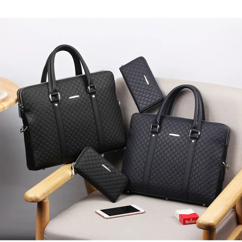 New Double Layers Men's Leather Business Briefcase Casual Man Shoulder Bag Messenger Bag Male Laptops Handbags Men Travel Bags - Fashionner