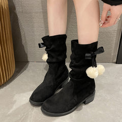 Cross-border European And American Large Size Thick Heel Round Toe Mid-calf Retro Smoke Pipe Boots For Women - Fashionner