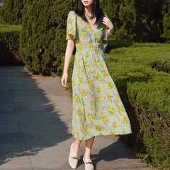 Spring And Summer New Lotus Leaf Sleeve V-neck Long Dress French Waist Floral Skirt
