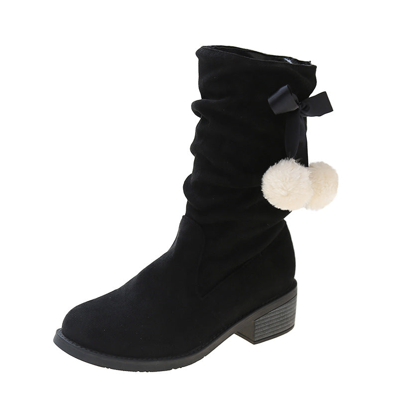 Cross-border European And American Large Size Thick Heel Round Toe Mid-calf Retro Smoke Pipe Boots For Women - Fashionner