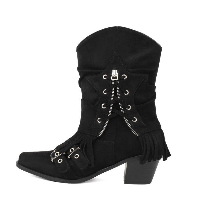 Female Boots Fleece-lined Tassel Buckle Pleated