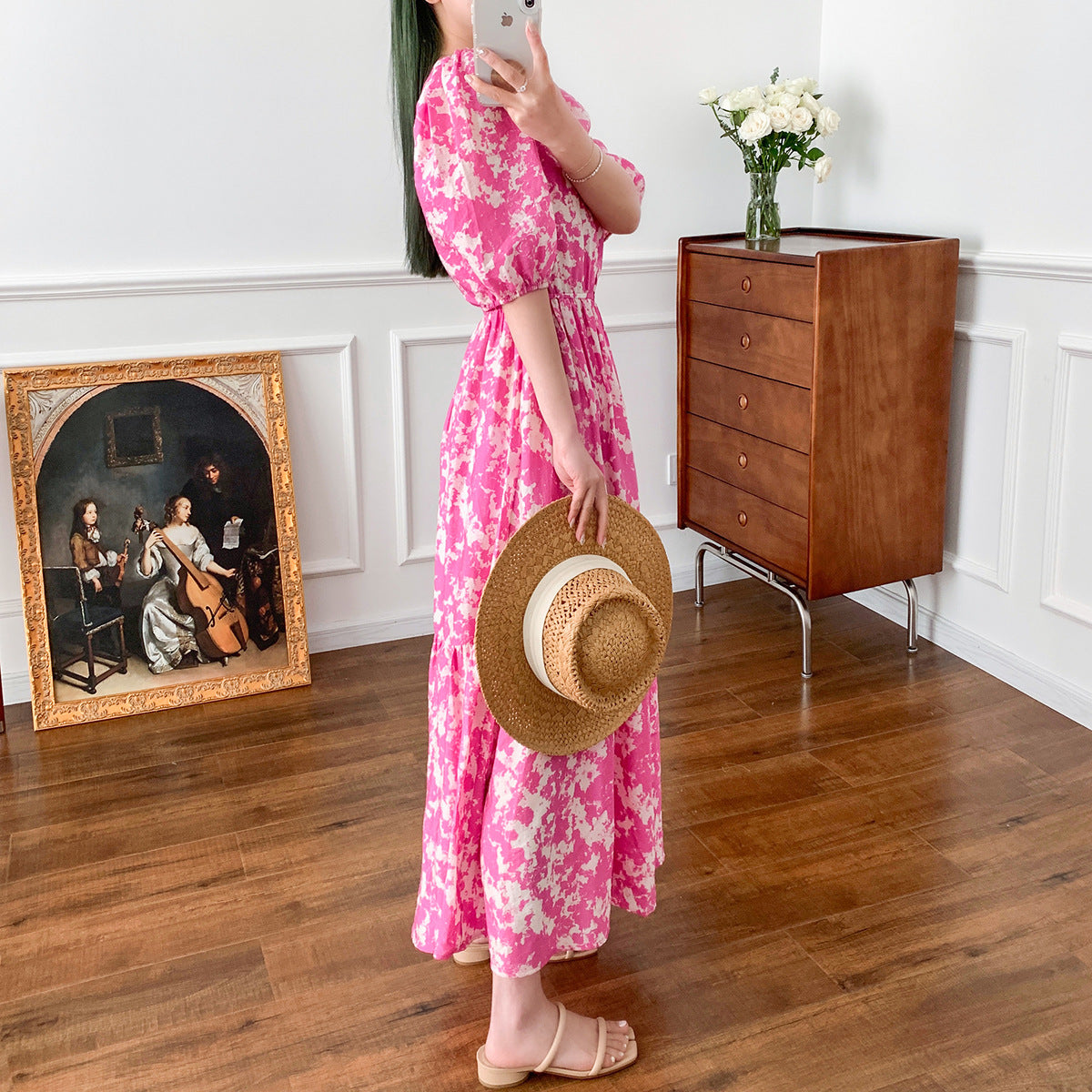 Spring And Summer New Layered Long Dress Printed Puff Sleeve Rose Red