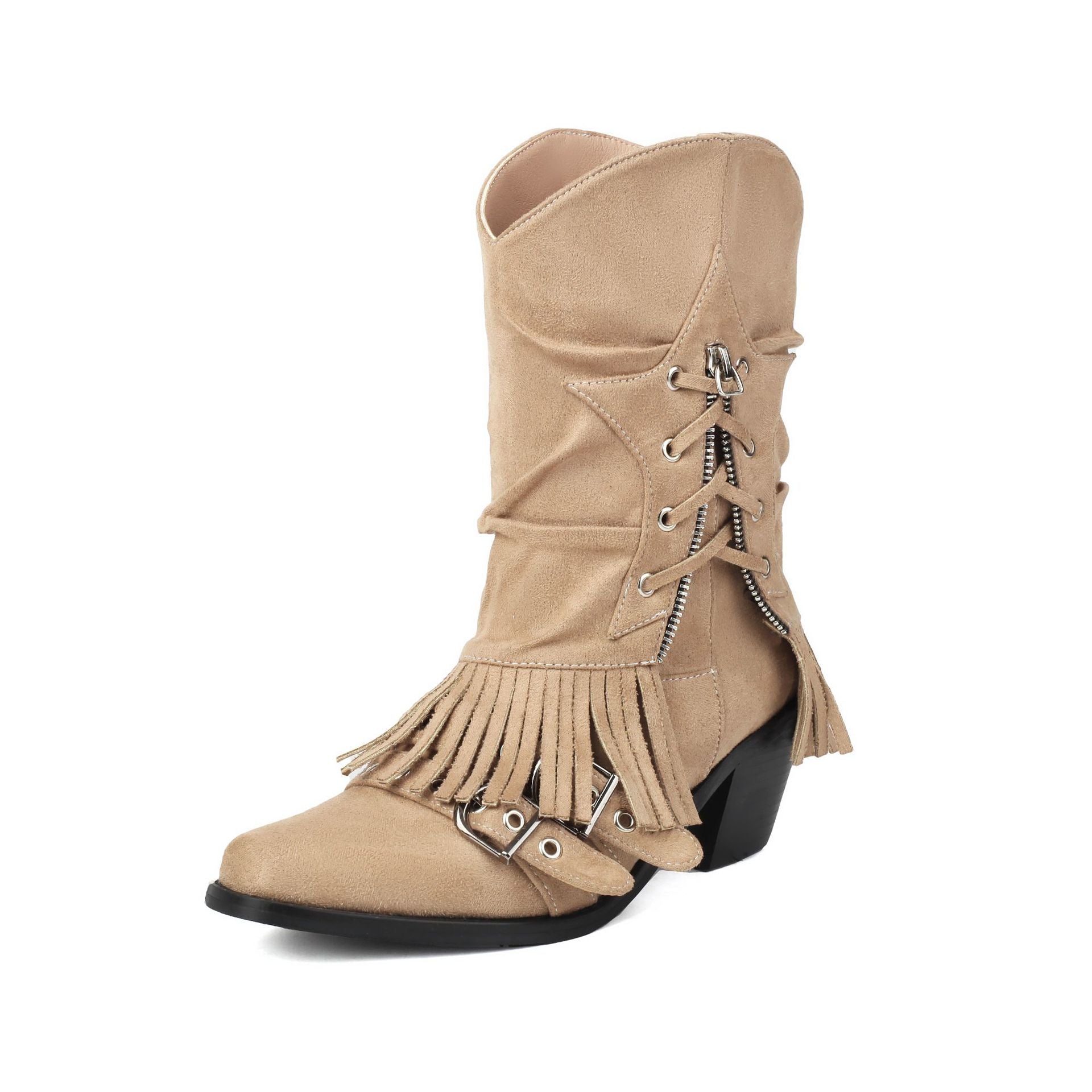 Female Boots Fleece-lined Tassel Buckle Pleated