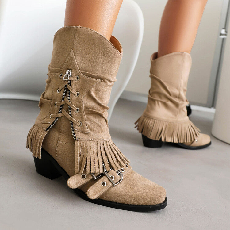 Female Boots Fleece-lined Tassel Buckle Pleated