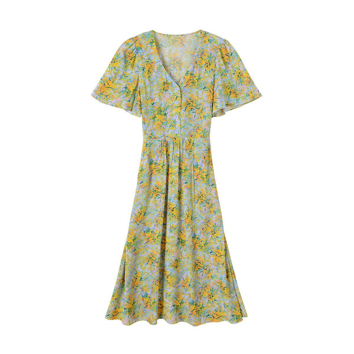 Spring And Summer New Lotus Leaf Sleeve V-neck Long Dress French Waist Floral Skirt