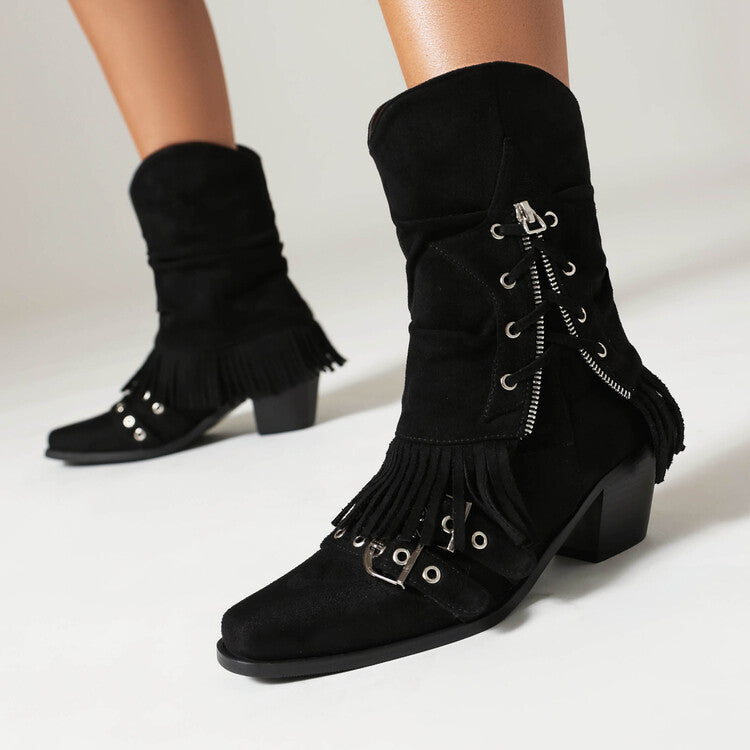 Female Boots Fleece-lined Tassel Buckle Pleated