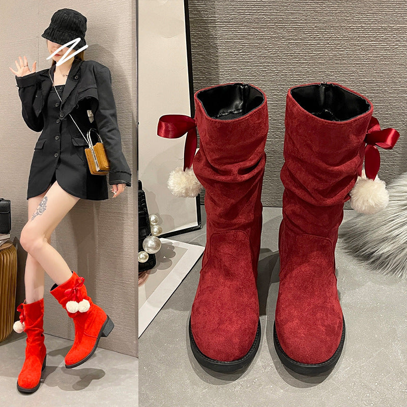 Cross-border European And American Large Size Thick Heel Round Toe Mid-calf Retro Smoke Pipe Boots For Women - Fashionner