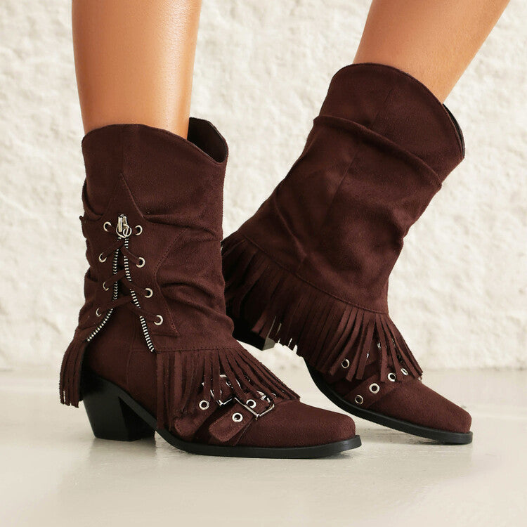 Female Boots Fleece-lined Tassel Buckle Pleated