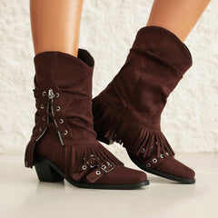 Female Boots Fleece-lined Tassel Buckle Pleated