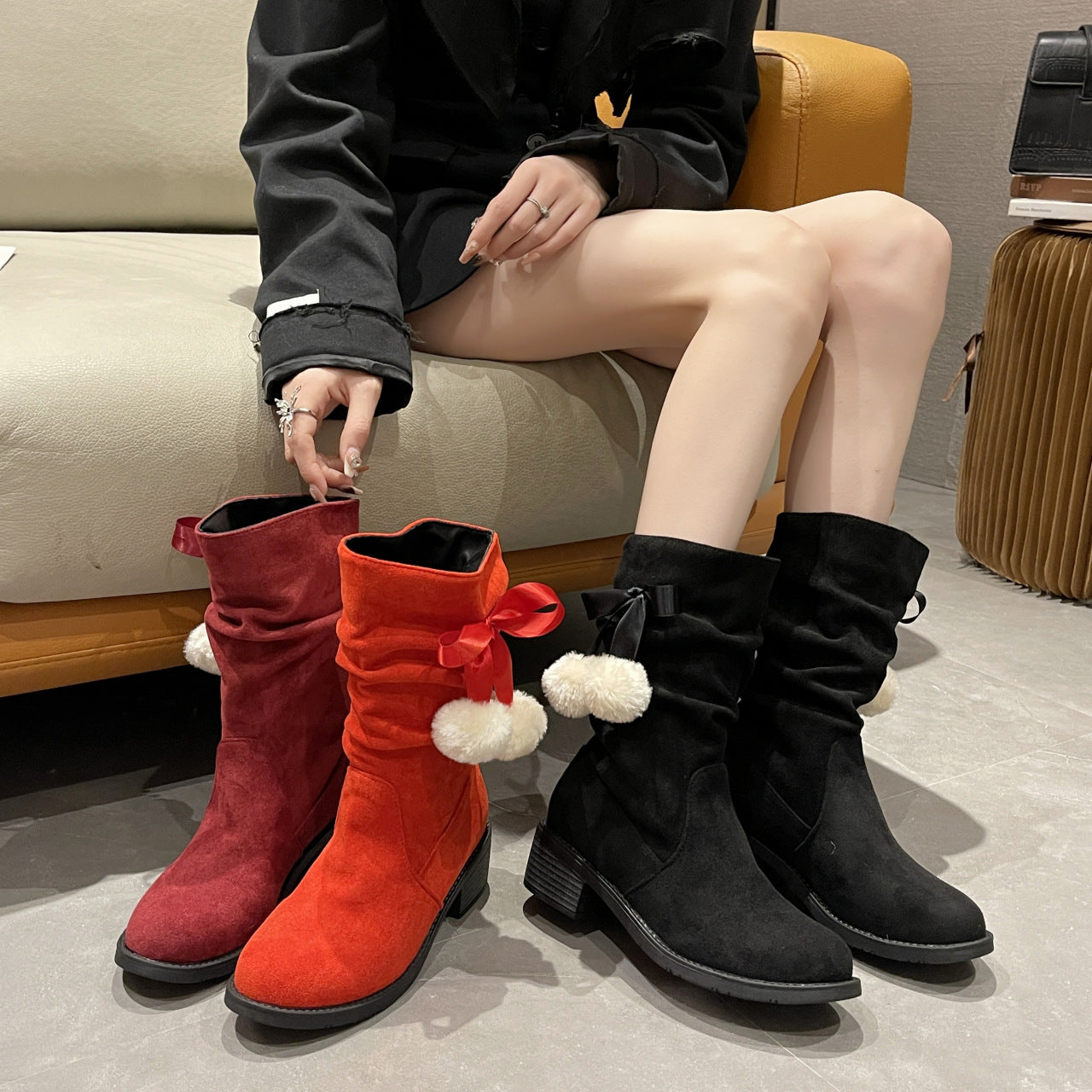 Cross-border European And American Large Size Thick Heel Round Toe Mid-calf Retro Smoke Pipe Boots For Women - Fashionner