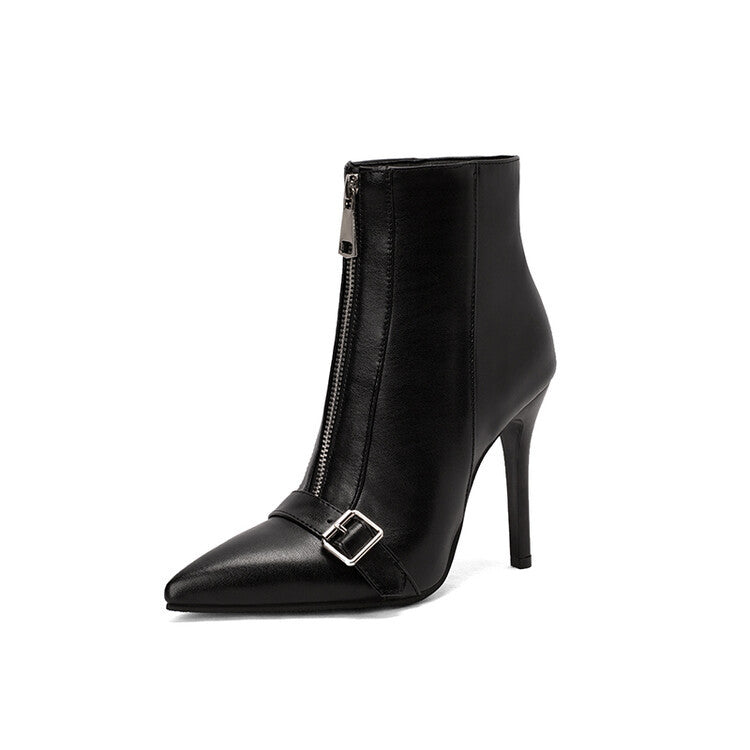 Belt Buckle Front Zipper High Heel Boots - Fashionner