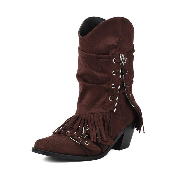 Female Boots Fleece-lined Tassel Buckle Pleated