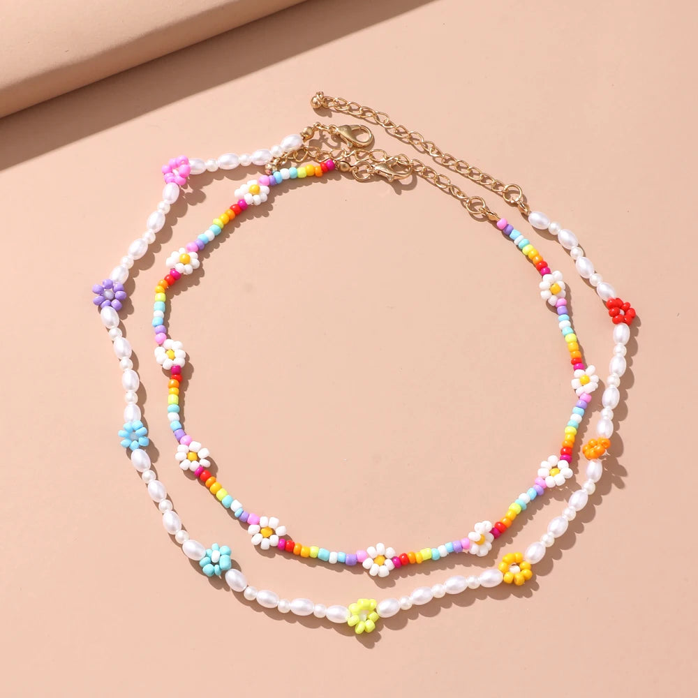 New Lovely Colorful Beads Pearl Clavicle Choker Flower Necklace for Women Girls Spring Summer Jewelry Wholesale