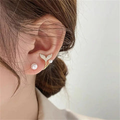 2023 Korean Elegant Leaves Back Hanging Pearl Earrings For Women Fashion Luxury Flower Fishtail Crystal Stud Earring Jewelry