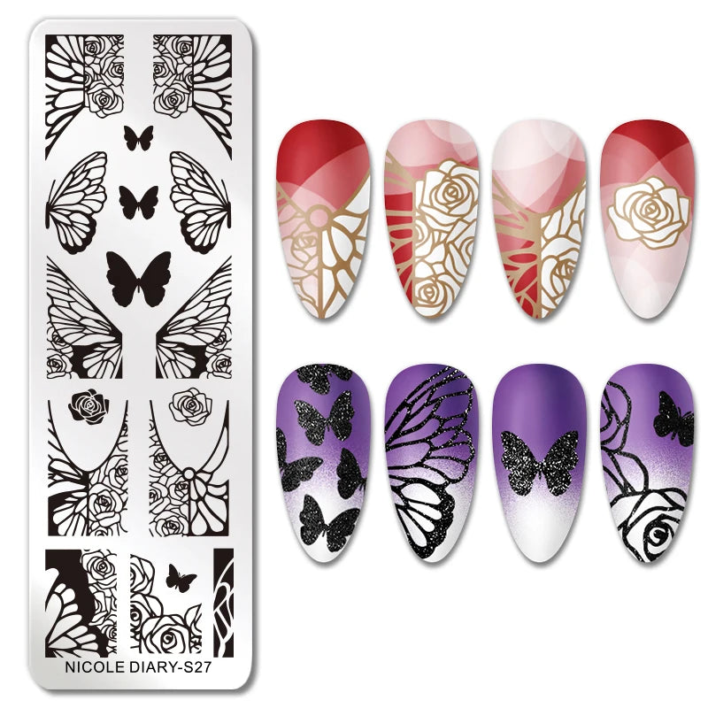 NICOLE DIARY Halloween Nail Art Stamping Plate Drawing Template Butterfly Heart Wave Line Image Stencil Mold Nail Printing Tools - Fashionner