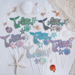 Party 5pcs Mermaid Themed Birthday Cake Decorations Shell Sea Star Fish Tail Happy Birthday Cake Topper for Birthday Cake Baby Shower