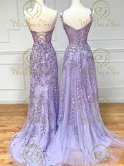 Lilac Evening Dresses 2023 Long Lace Appliques Crystal Mermaid Sweetheart Sweep Train Corset Back Sleeveless Prom Gowns Women