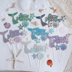 Party 5pcs Mermaid Themed Birthday Cake Decorations Shell Sea Star Fish Tail Happy Birthday Cake Topper for Birthday Cake Baby Shower - Fashionner