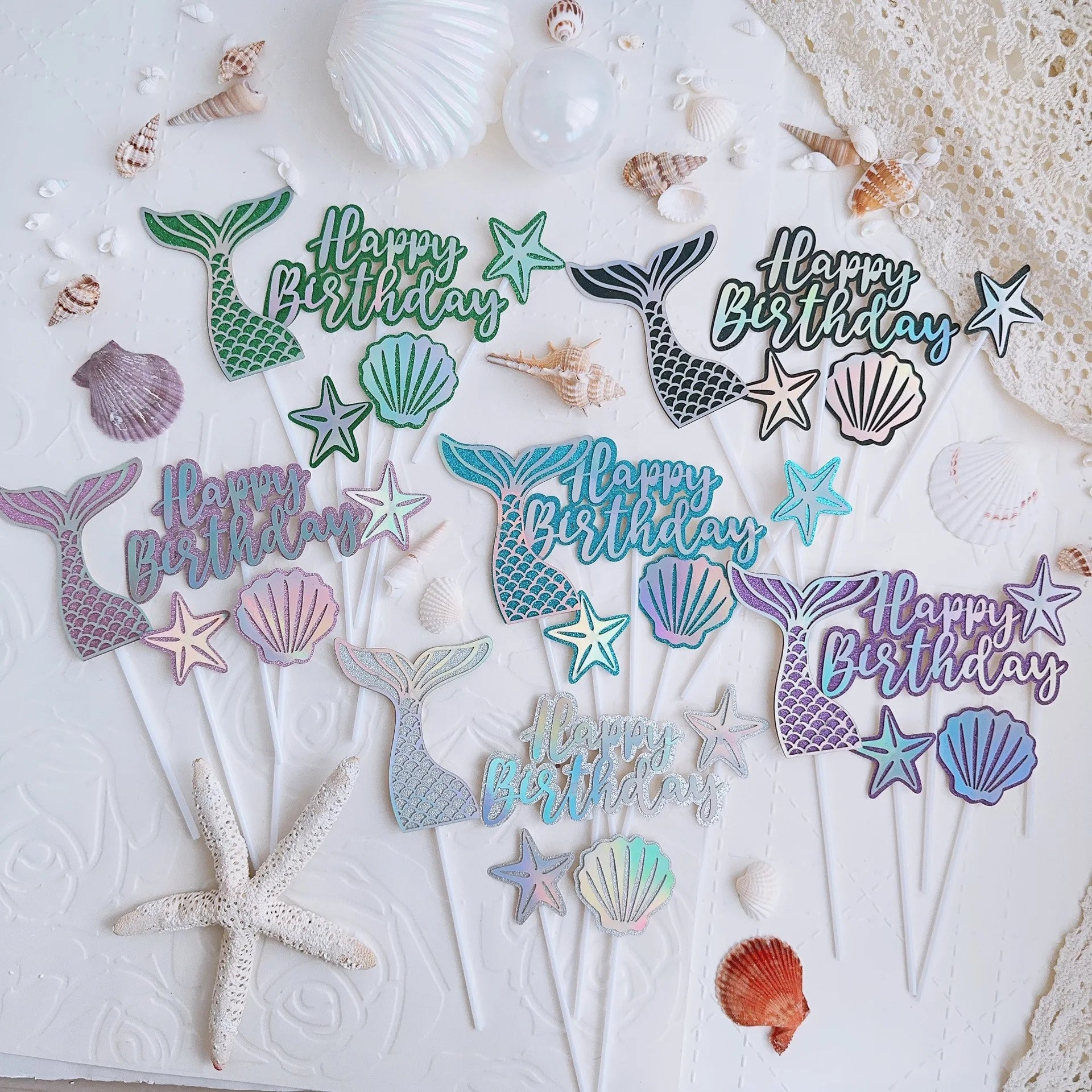 Party 5pcs Mermaid Themed Birthday Cake Decorations Shell Sea Star Fish Tail Happy Birthday Cake Topper for Birthday Cake Baby Shower