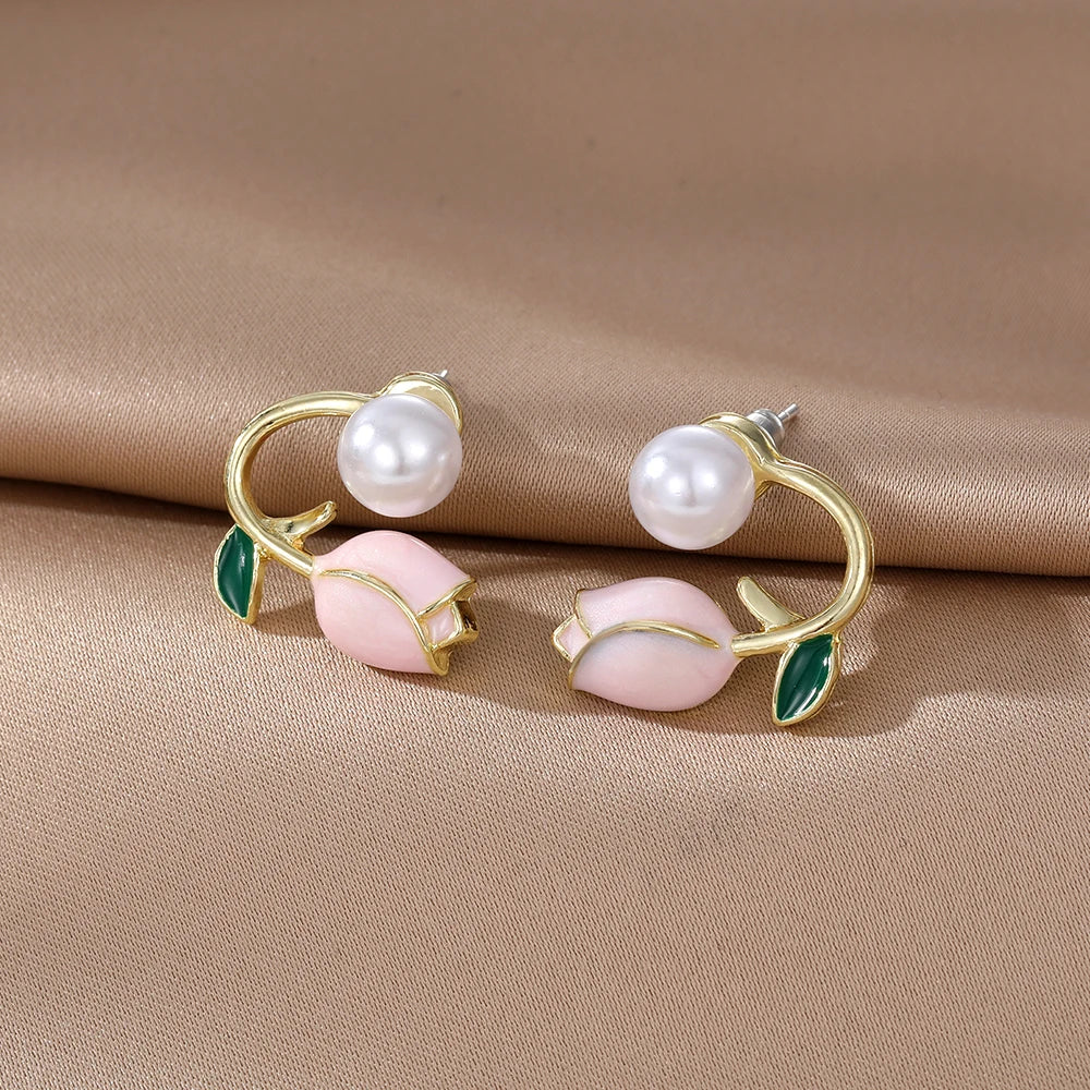 2023 Korean Elegant Leaves Back Hanging Pearl Earrings For Women Fashion Luxury Flower Fishtail Crystal Stud Earring Jewelry