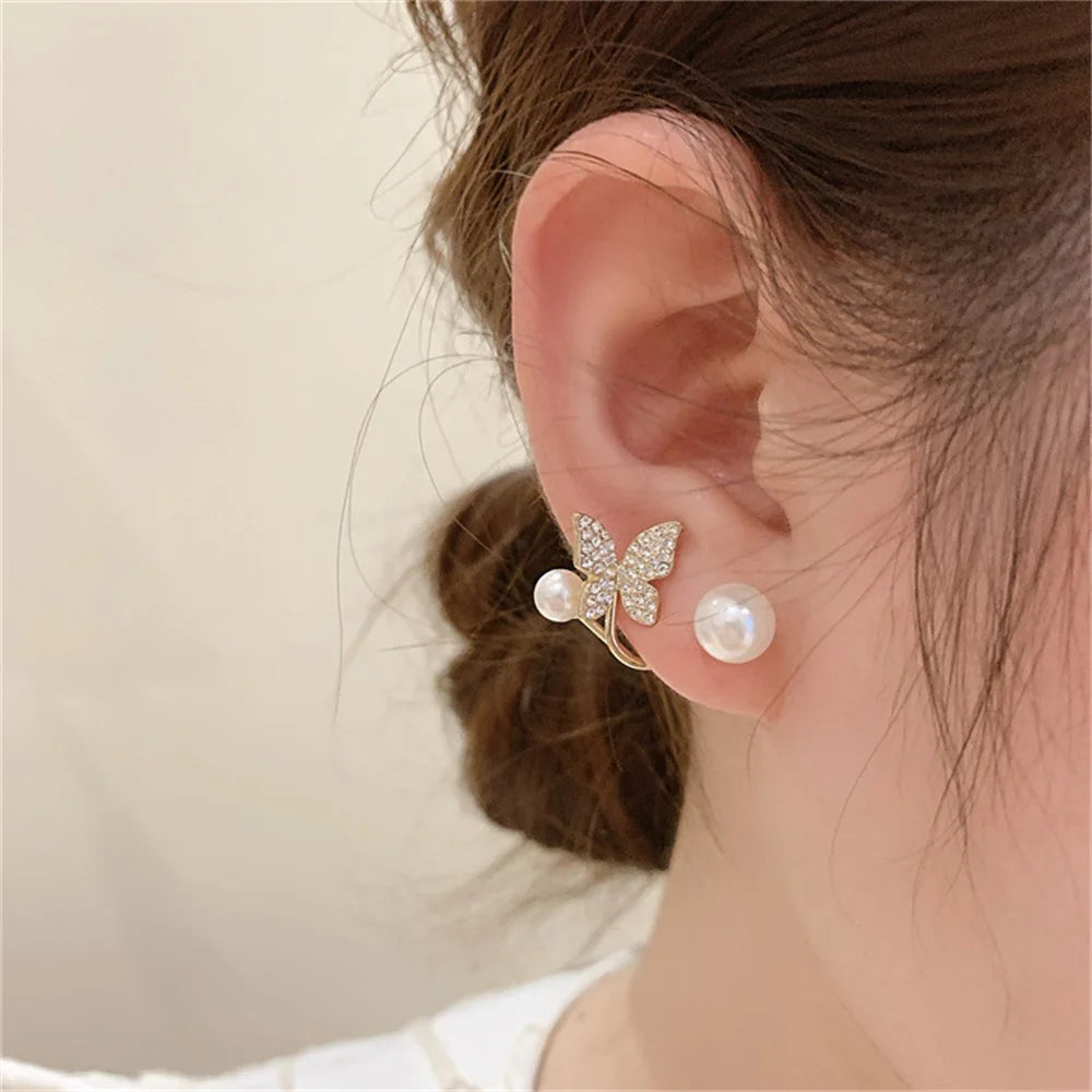 2023 Korean Elegant Leaves Back Hanging Pearl Earrings For Women Fashion Luxury Flower Fishtail Crystal Stud Earring Jewelry