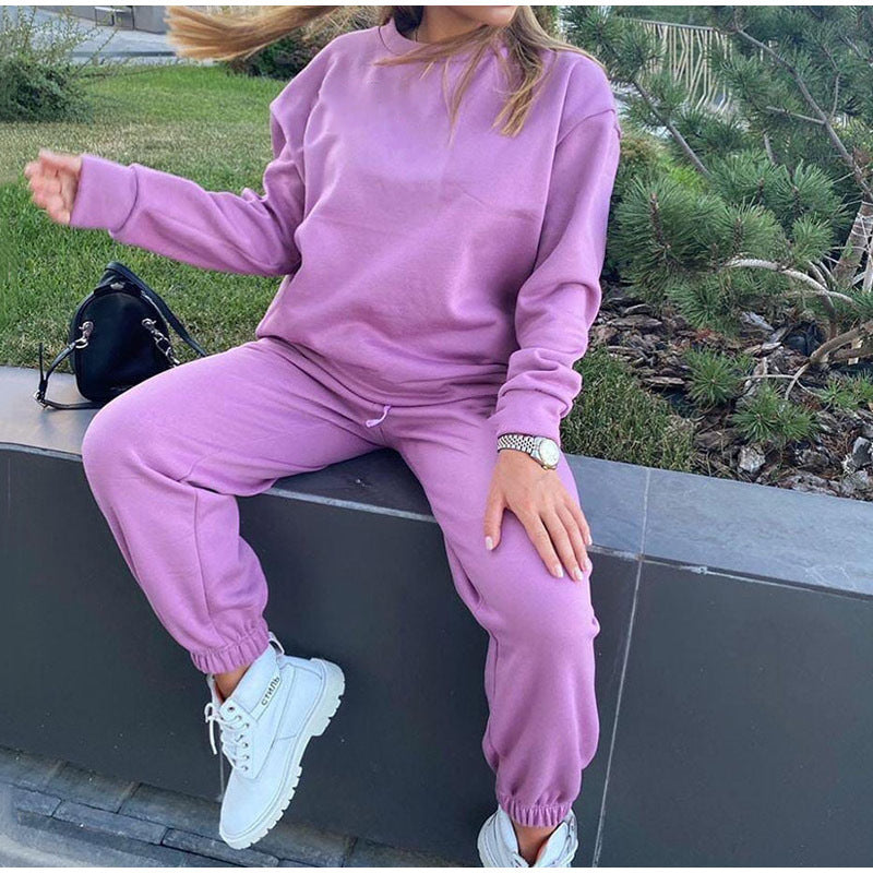 Ladies Athleisure Sweatshirt Two Piece Solid Color Hooded