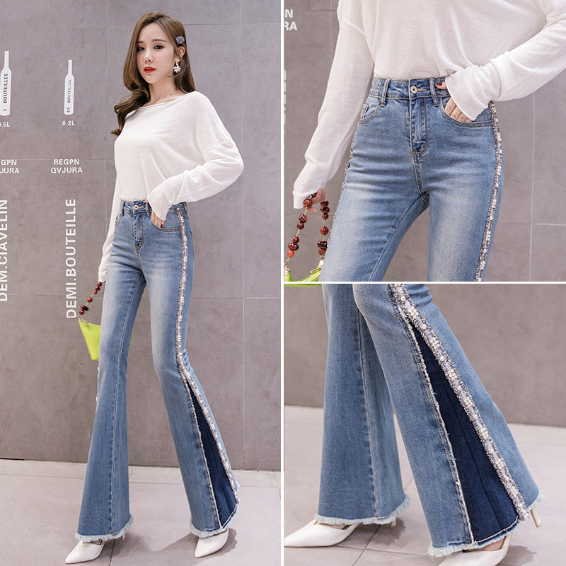 Embroidery Beaded Fashion Flared Pants High Waist Slimming Jeans Women - Fashionner