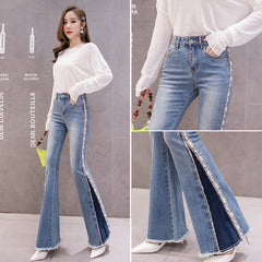 Embroidery Beaded Fashion Flared Pants High Waist Slimming Jeans Women - Fashionner