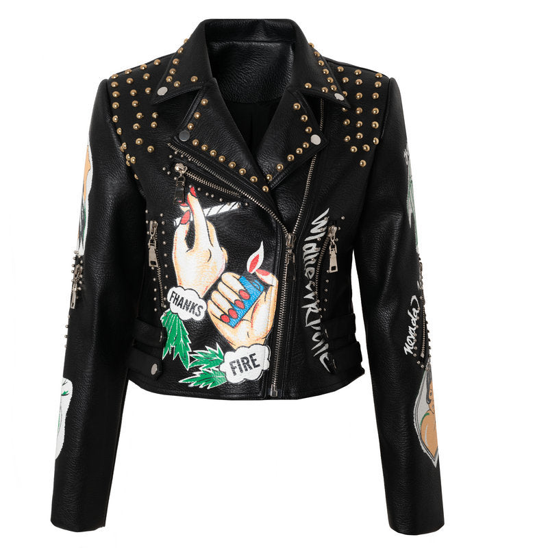 New Jacket Leather Fashion Personality Women's Print Rivet Jacket Short - Fashionner