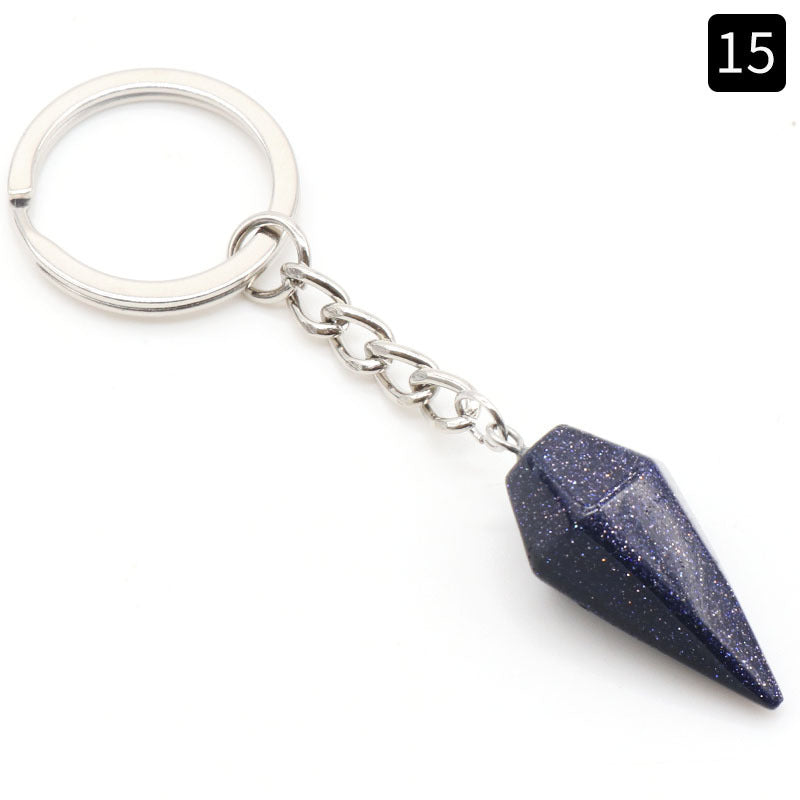 Natural Crystal Agate Stone Hexagonal Cone Keychain Bag Decorative Pendant