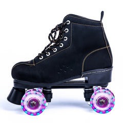 Black Lether Roller Skates Shoes 4-Wheel Double Row