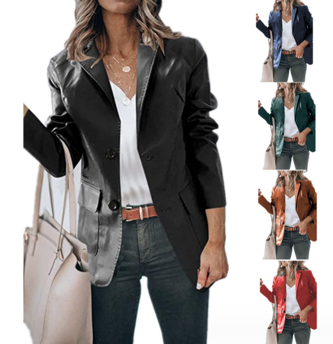 Lapel Single Breasted Solid Color PU Leather Women's Coat - Fashionner