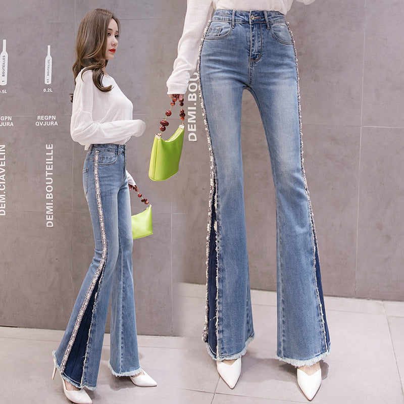 Embroidery Beaded Fashion Flared Pants High Waist Slimming Jeans Women - Fashionner