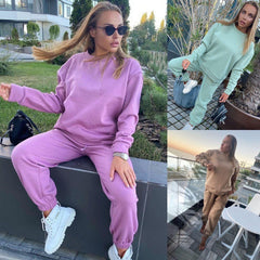 Ladies Athleisure Sweatshirt Two Piece Solid Color Hooded