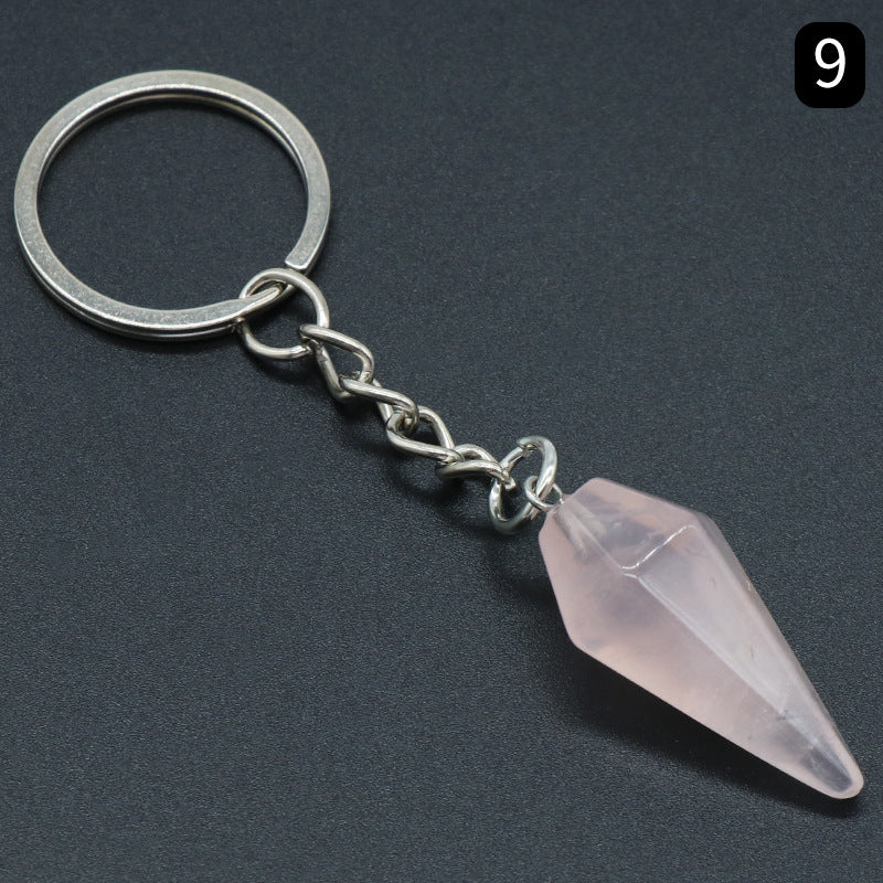 Natural Crystal Agate Stone Hexagonal Cone Keychain Bag Decorative Pendant