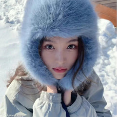 Blue Velvet Ushanka Female Winter Thicken Thermal Furry Earmuffs Hat - Fashionner