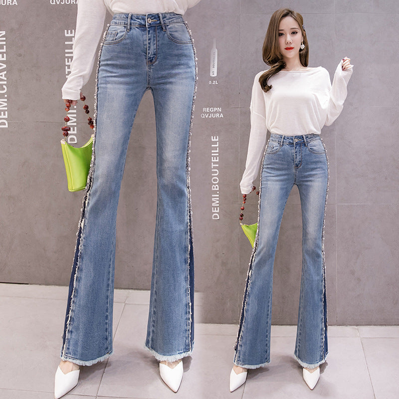 Embroidery Beaded Fashion Flared Pants High Waist Slimming Jeans Women - Fashionner