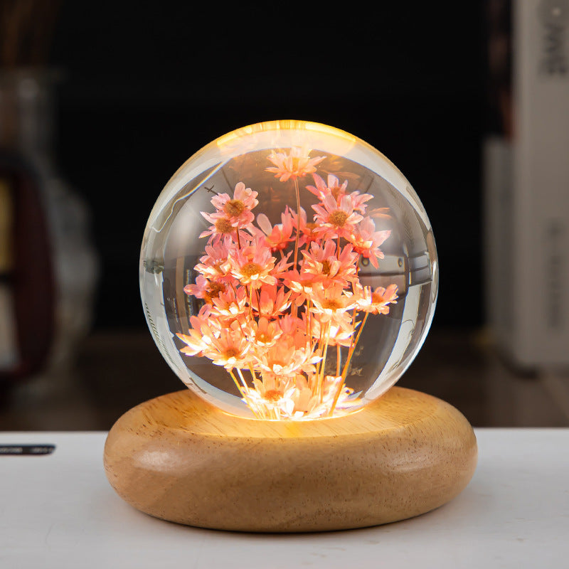 LED Night Light Flower Crystal Ball Children Night Lamp With Woodern Base Bedroom Ambient Light Creative Gift Night Light