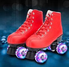 Big Red Cowhide Double Row Skates With Flashing Wheels And Wear Resistant