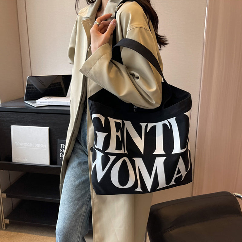 Large Capacity Canvas Bag Women Letter Printed Shoulder Travel Simple Handbags Travel Casual Daily Shopping Bags Totes - Fashionner