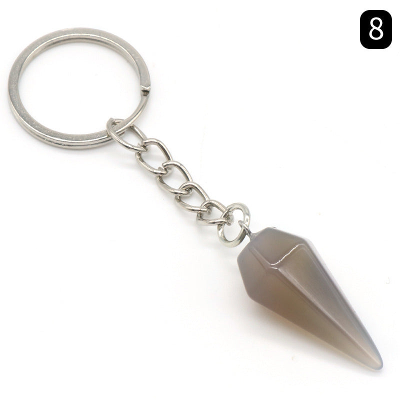 Natural Crystal Agate Stone Hexagonal Cone Keychain Bag Decorative Pendant